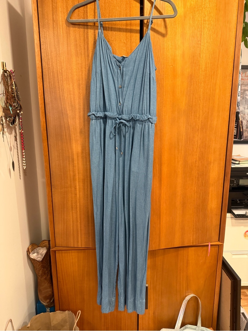 Splendid Chambray Blue Sleeveless Button-Front Jumpsuit with Drawstring Waist